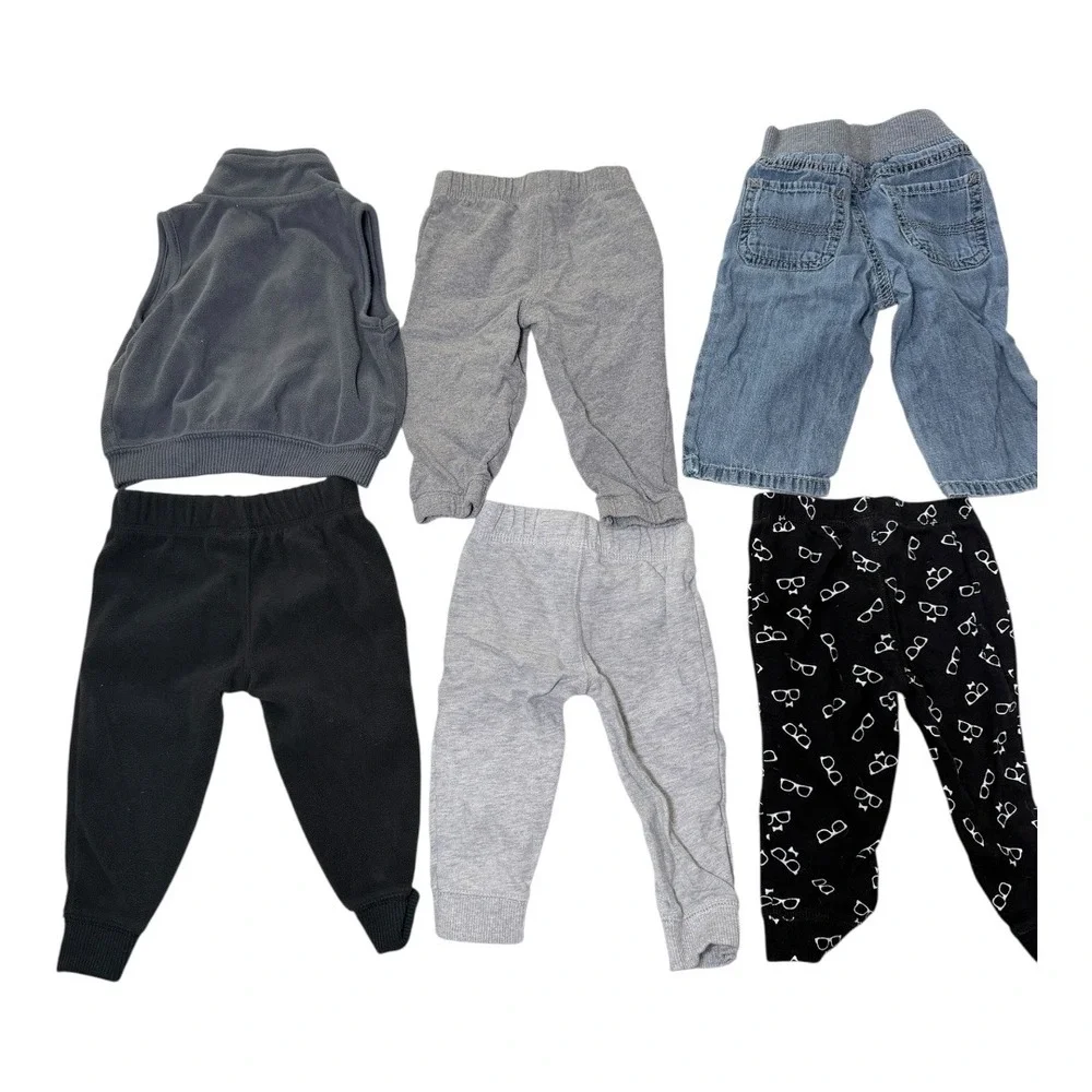 Carter's Baby Boy 9M Vest Pants‎ Jeans 6pc Lot Gray Black Blue Fox Glasses Print